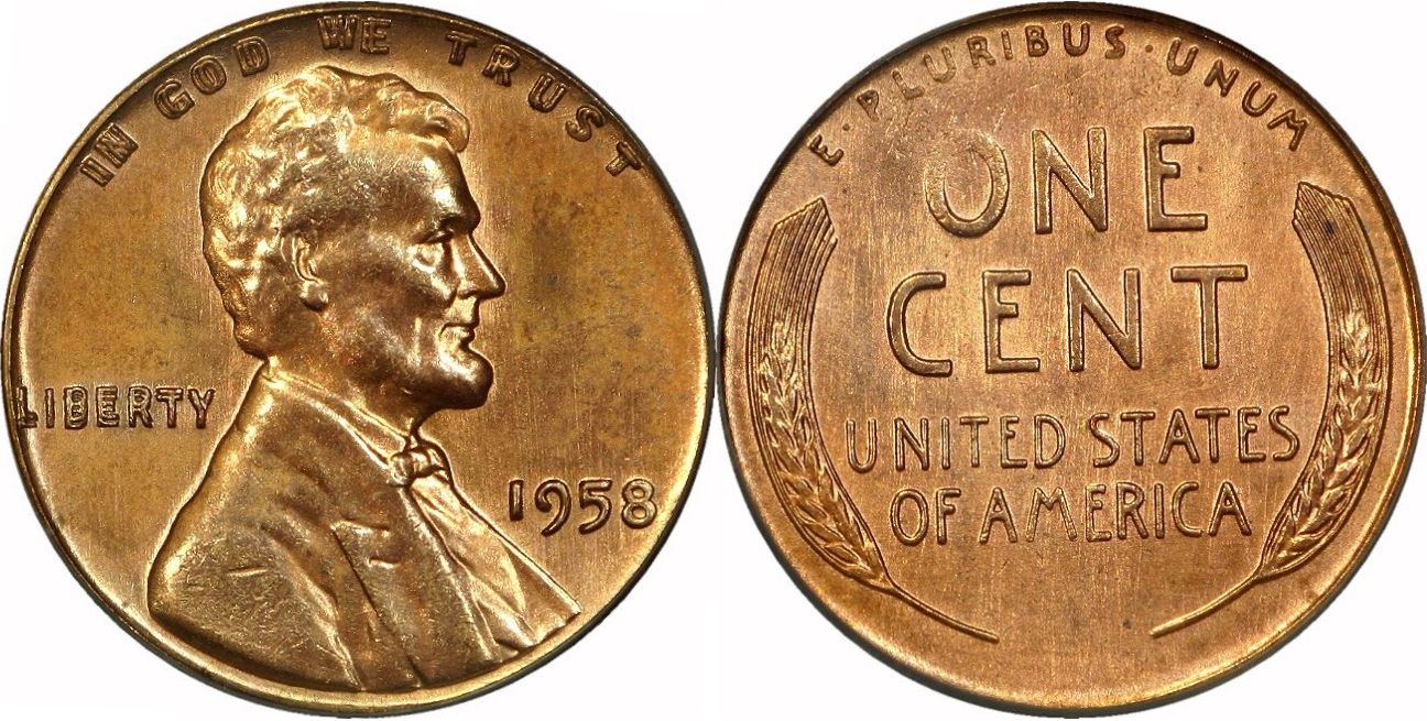 1958 wheat penny DDO comparison: normal coin vs doubled die obverse showing doubling on LIBERTY and IN GOD WE TRUST