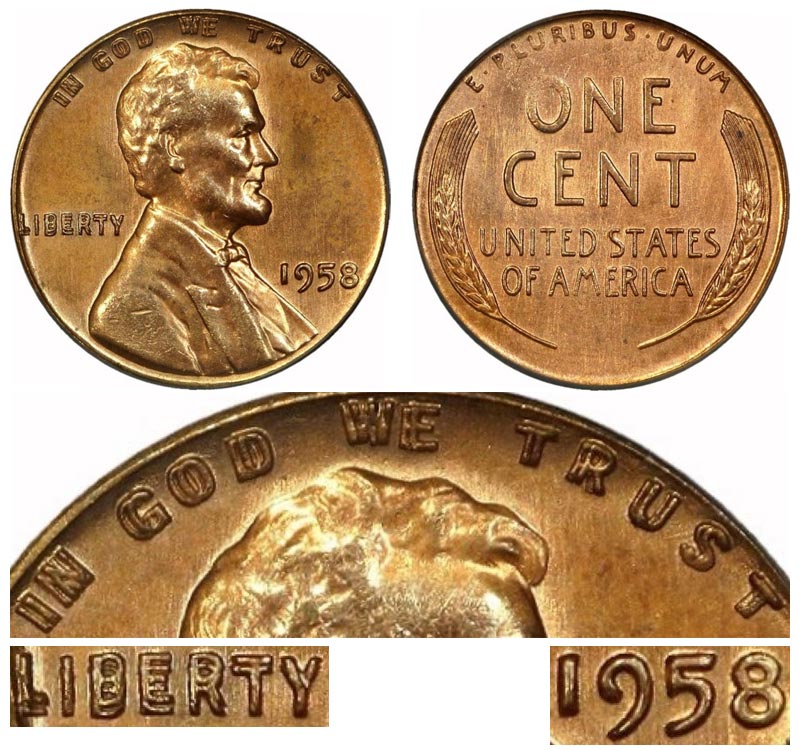 1958 wheat penny DDO doubled die obverse showing strong doubled lettering on LIBERTY and IN GOD WE TRUST