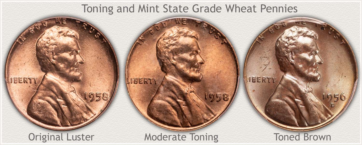 1958 wheat penny grading strip showing four coins from worn Good condition through Mint State MS65 Red